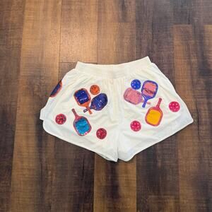 Queen of Sparkle Pickleball Sequin Athletic Running Shorts White Size Medium